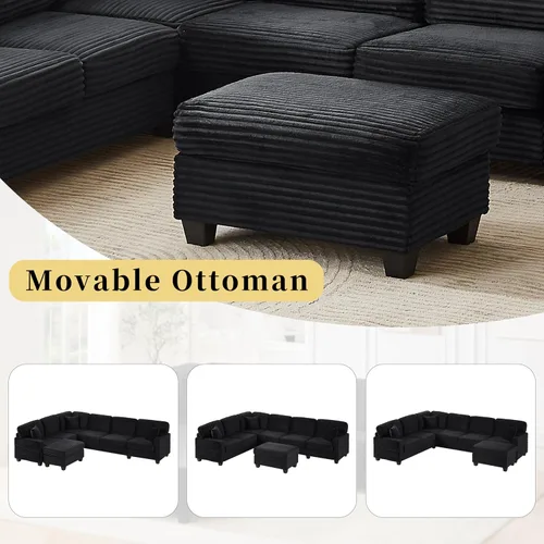 Vista 7 de Sofá modular de 125.2 pulgadas, sofá tapizado en forma de U con otomana móvil y bolsillos laterales de almacenamiento para sala de estar, color negro