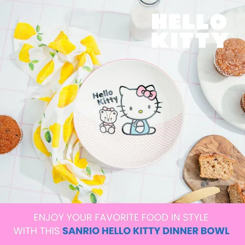 Vista 3 de Silver Buffalo Sanrio Hello Kitty Pink Dots - Cuenco grande de cerámica de 9 pulgadas para servir pasta, ensalada, cereales