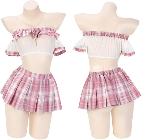 Vista 6 de Traje de sirvienta, estudiante japonés, sexy, de un hombro, perspectiva, tubo, top babydoll linda falda plisada
