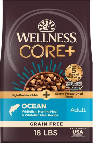 Vista 10 de Wellness CORE+ Alimento seco para perros adultos con trozos liofilizados, croquetas sin granos, natural, alto en proteínas, sin pollo, pescado