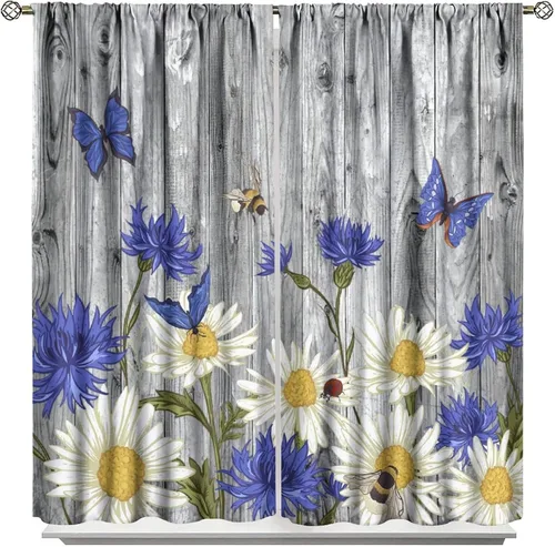 Vista 37 de Cortinas de cocina rústicas y florales, estilo retro, estilo granja, cabaña, casa de campo, margaritas, estilo granja, ventana, puerta