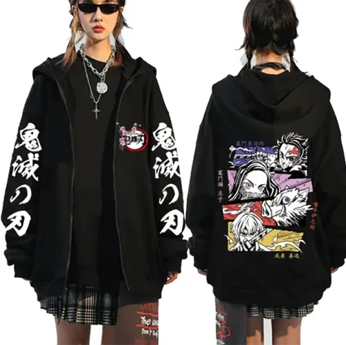 Vista 7 de Symish Anime - Sudadera con capucha y cremallera de anime Tanjirou Nezuko Anime Cosplay con cremallera para unisex