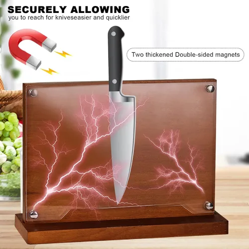 Vista 4 de Bloque magnético para cuchillos con escudo acrílico, soporte para cuchillos de cocina de doble cara sin cuchillo, soportes de madera para cuchillos