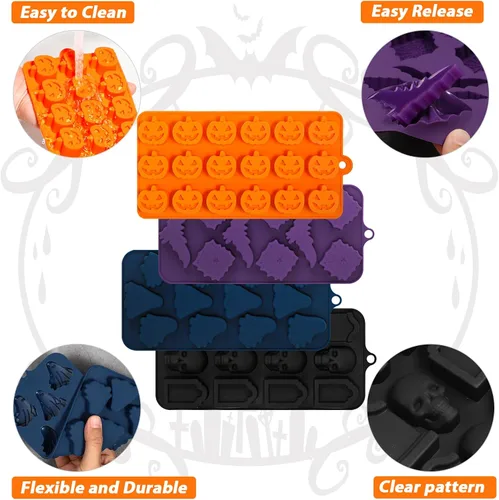Vista 6 de Webake Molde de chocolate de Halloween con forma de calabaza Jack-O-Lantern, calavera, lápida, fantasma, murciélago y araña, moldes de silicona