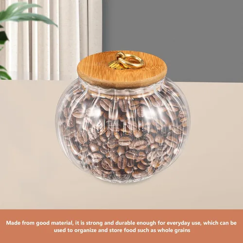 Vista 2 de Hemoton Tarro de almacenamiento de vidrio en forma de calabaza con tapa de bambú, recipiente hermético transparente de 27 onzas para organizar café