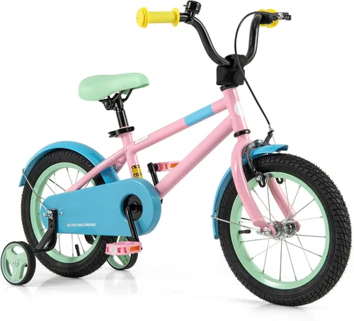 Vista 13 de BABY JOY Bicicleta infantil de macarones coloridos, de 12, 14, 16 y 18 pulgadas, bicicleta deportiva para niños con ruedas de entrenamiento