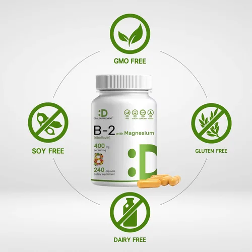 Vista 3 de DEAL SUPPLEMENT Vitamina B2 400 mg (Riboflavina) con glicinato de magnesio 400 mg, 240 Cápsulas – 2 en 1 apoya el sistema nervioso saludable
