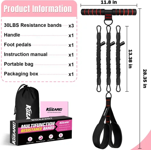 Vista 7 de Upgraded Multifunction Pedal Resistance Band with Handle, 3 Tube Adjustable Resistance Bands for Abdomen, Waist, Arm, Core/ABS, Leg Workout - Sit Up