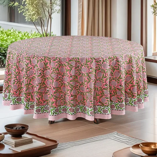 Vista 22 de Mantel redondo con estampado de bloque a mano, 100% algodón, reutilizable, turquesa, verde musgo, 90 pulgadas, mantel decorativo para uso diario