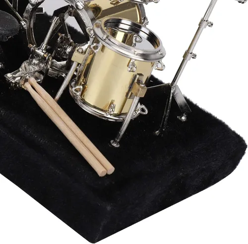Vista 9 de Cyrank Mini modelo de kit de batería, modelo de instrumento musical dorado de metal, adorno de exhibición con soporte y estuche en miniatura