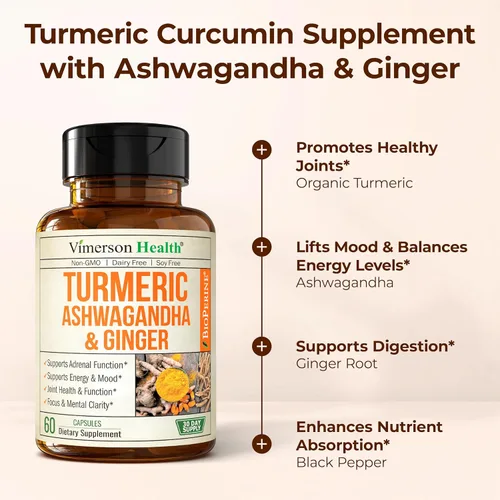 Vista 5 de Ashwagandha Suplemento orgánico de curcumina de cúrcuma con raíz de jengibre y pimienta negra – Salud de las articulaciones, energía y apoyo