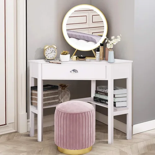 Vista 2 de KOTEK Escritorio esquinero con cajón y estantes, escritorio de madera para oficina en casa, escritorio de computadora triangular, escritorio de Negro