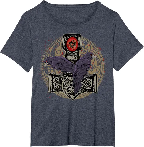 Vista 65 de Thors Hammer Mjolnir Huginn and Muninn Odin Raven - Camiseta, Negro, S