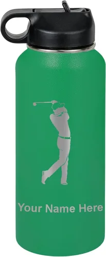 Vista 30 de LaserGram Botella de agua personalizada, golfista de golf, acero inoxidable de doble pared aislada al vacío con popote superior, regalo grabado Negro