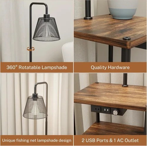 Vista 6 de Lámpara de pie Pazarfami con mesa, lámpara de pie con estantes, mesa auxiliar con puerto de carga USB y tomacorriente, mesa auxiliar moderna