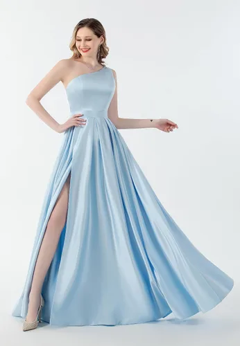 Vista 7 de GUKARLEED Vestido de fiesta largo con un hombro para mujer, vestido de baile largo con abertura alta, corsé de satén, vestidos formales, vestido