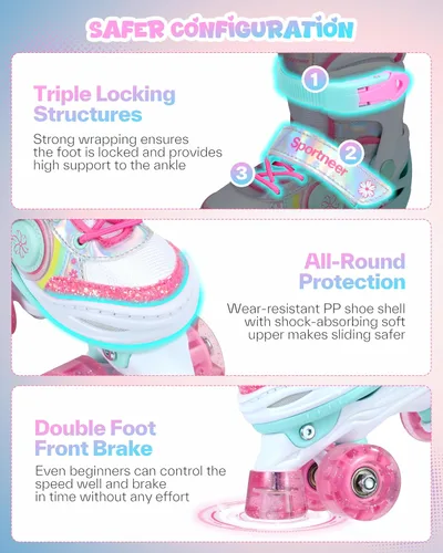 Vista 6 de Sportneer - Patines de ruedas para niños con juego de protección, patines ajustables para niñas en 4 tallas con 8 ruedas LED brillantes, patines