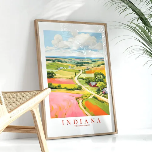 Vista 5 de ColorAndFlair Indiana Travel Print Hoosier State Souvenir Nature Green Pink Orange Wall Art Retro Poster Red Barn Landscape Painting (13x19 inches)