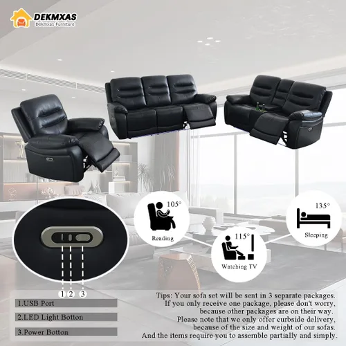 Vista 106 de Juego de sofá reclinable eléctrico, seccional de cuero transpirable beige, juego de muebles de sala de estar, 2 piezas, sofá reclinable eléctrico