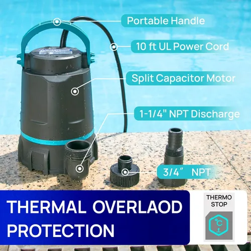 Vista 5 de AQUASTRONG Bomba de sumidero de 1 HP Bomba de agua sumergible de 4500 GPH