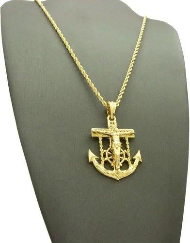 Vista 7 de Shiny Jewelers USA - Colgante de cadena cubana de cuerda para hombre Jesús con ancla de cruz y cadera, 24.0in