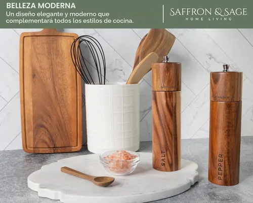 Vista 4 de Saffron & Sage Premium - Molinillo de sal y pimienta de madera de acacia de 2 a 8 pulgadas de alto con ajustes gruesos ajustables, resistente a
