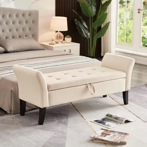 Vista 8 de 51.5" Velvet Storage Bench, Upholstered Button Tufted Design, Bedside Bench with Armrests, Secure Hinged Storage Space, Suitable for Bedroom Living