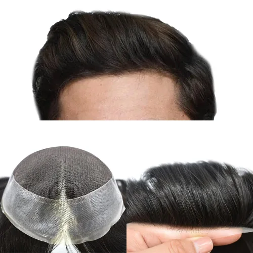 Vista 8 de Tupé de cabello humano virgen europeo para hombres, base central de encaje suave con poliuretano transparente alrededor de transpirable, sistema