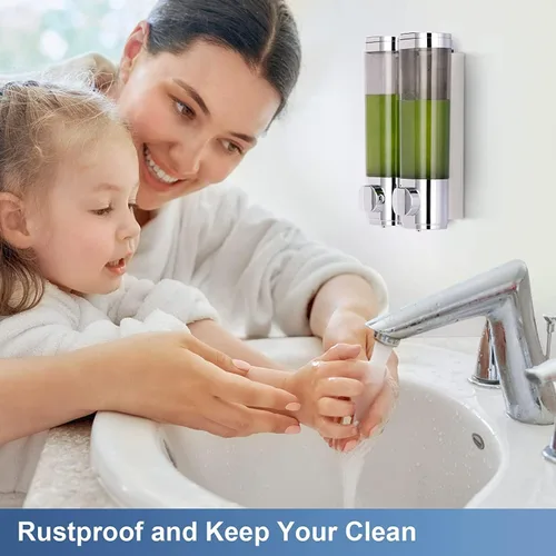 Vista 6 de Dispensador de jabón montado en la pared para baño, 2 cámaras, dispensador de jabón de ducha de 20.3 fl oz, dispensador de jabón corporal
