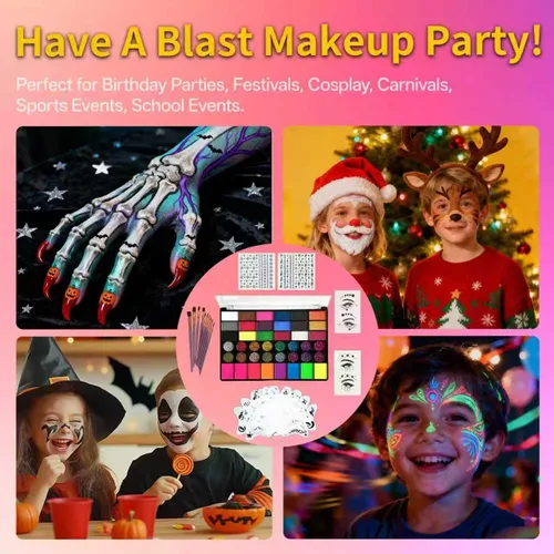 Vista 7 de Kit de pintura facial para niños, no tóxico, paleta fácil de activar con agua con plantillas, pinceles y gemas con brillantina. Perfecto