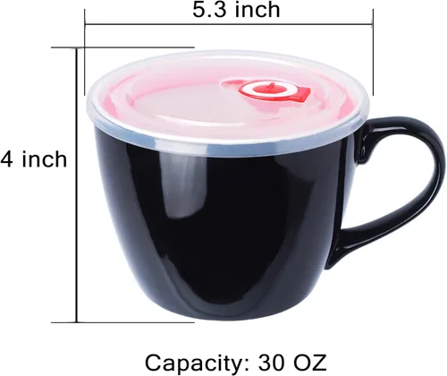 Vista 2 de Tazón de porcelana negra de 30 onzas con tapa y asa para sopa, ensalada, cereales y fideos instantáneos, taza de sopa con mango de preservación