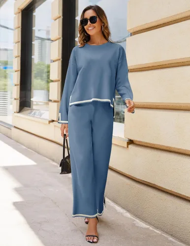 Vista 4 de Lentta Conjunto de 2 piezas de suéter de punto de manga larga para mujer, pantalones de pierna ancha, conjunto de descanso