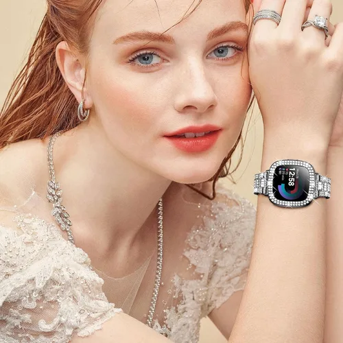 Vista 4 de Dsytom Bling Banda de Reloj Elegante Compatible con Fitbit Versa 4, Sense 2, Versa 3, Sense - Correa Linda con Funda Protectora de Rinstone