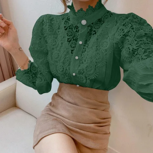 Vista 3 de Camisas elegantes con ribete de encaje para mujer, blusa victoriana casual de manga larga con botones