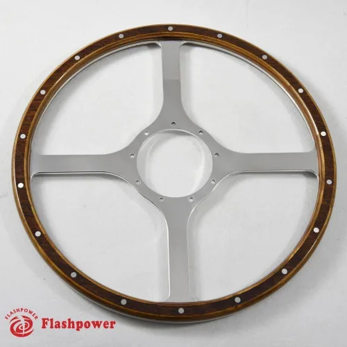 Vista 4 de Volante de madera clásica de 14 pulgadas, restauración vintage MG GT MGB Midget Derrington Laminated, Mahogany Wood, CNC Billet Aluminum, Flat, 18