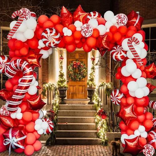 Vista 6 de Kit de arco de globos de Navidad de 175 piezas, incluye globos rojos, blancos, de bastón de caramelo y confeti, kit de herramientas