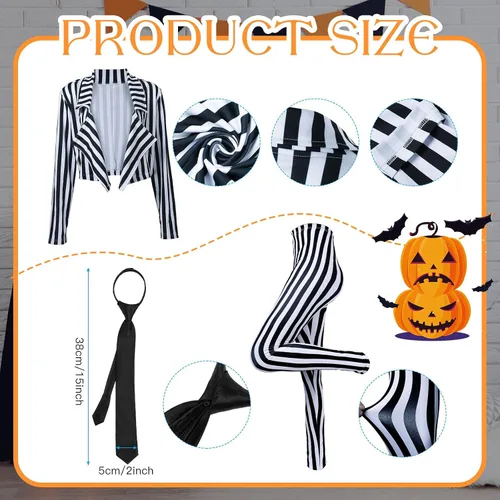Vista 3 de SATINIOR Traje de Halloween a rayas verticales blancas y negras para mujer, pantalones de longitud con chaqueta de corbata