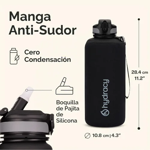 Vista 2 de Hydracy - Botella de agua grande de 2L, a prueba de roturas, de plástico Tritan sin BPA, a prueba de fugas, sin condensación, con correa de Gris