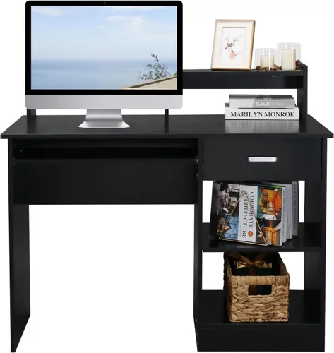 Vista 8 de Karl home Escritorio para ordenador de estudio y escritura, mesa para PC y portátil de madera para oficina en casa con estante de cajón, bandeja