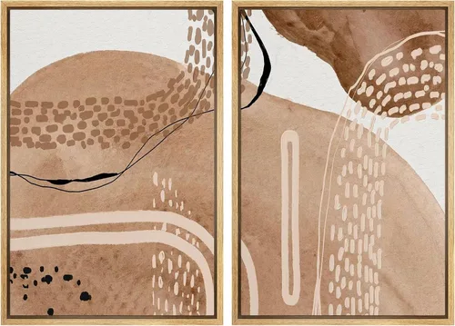Vista 128 de SIGNFORD Lienzo enmarcado para pared, juego de arte geométrico retro de mediados de siglo, plantas forestales, ilustraciones con formas abstractas