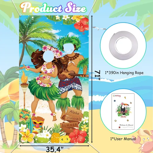 Vista 3 de HiParty Decoraciones de fiesta hawaiana Luau, pancarta de fotos de pareja Luau, accesorios de fotos de Tiki Luau para fiesta en la playa, pancarta