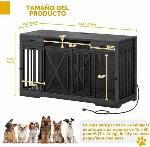 Vista 3 de DWVO Jaula Doble para Perros de 63 Pulgadas para 2 Perros, Soporte de TV de Jaula para Perros de Madera Resistente con Estación de Carga, Mueble