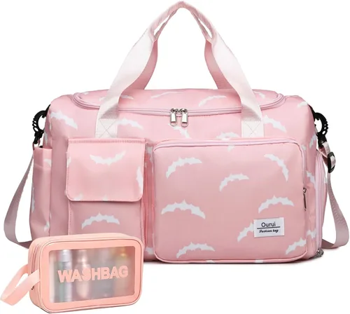 Vista 23 de Bolsa de Gimnasio Pequeña para Mujer, Bolsa de Lona de Viaje, Bolsa de Fin de Semana con Compartimento para Zapatos rosado