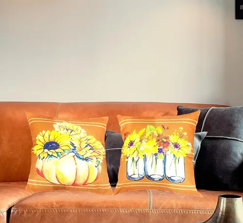 Vista 2 de Juego de 2 fundas de almohada florales otoñales de 18 x 18 pulgadas, fundas de cojín de rayas otoñales de granja, jarrón, fundas de almohada