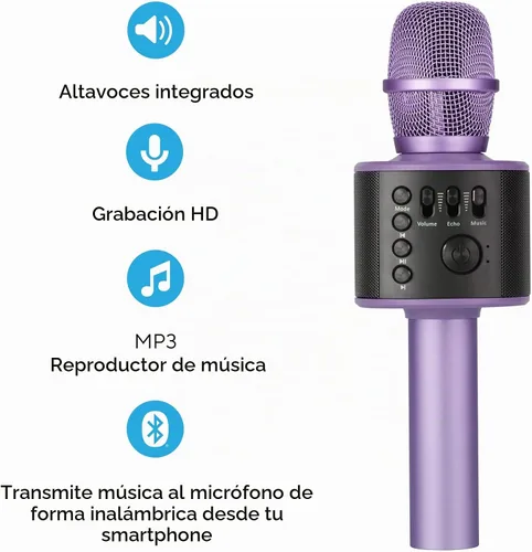 Vista 2 de Micrófono de karaoke inalámbrico Bluetooth con altavoces incorporados + grabación HD, micrófono portátil de mano Lila