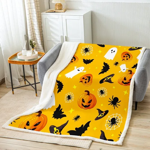 Vista 9 de Manfei Manta de Halloween con farol de calabaza, fantasmas, para decoración de habitación de niños y niñas, manta de araña negra para sofá, manta