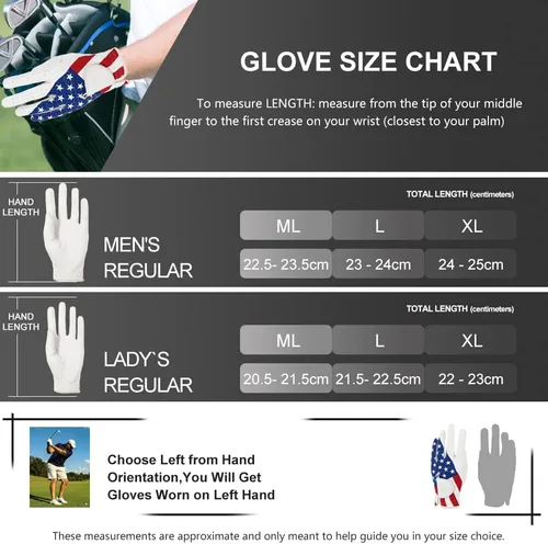 Vista 5 de Guantes de golf para hombres y mujeres, mano izquierda para golfista diestro, patrón de bandera estadounidense, cuero sintético, fibra de licra