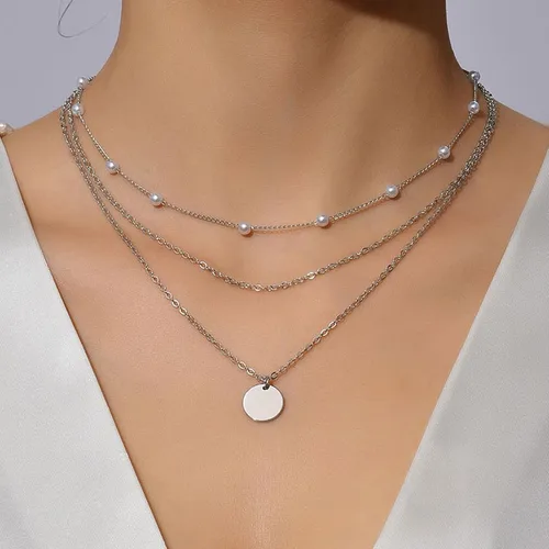Vista 2 de Collares en capas para mujer, collar de cadena de perlas, collar con dije de moneda, gargantilla de capas bohemias, collares ajustables para regalos