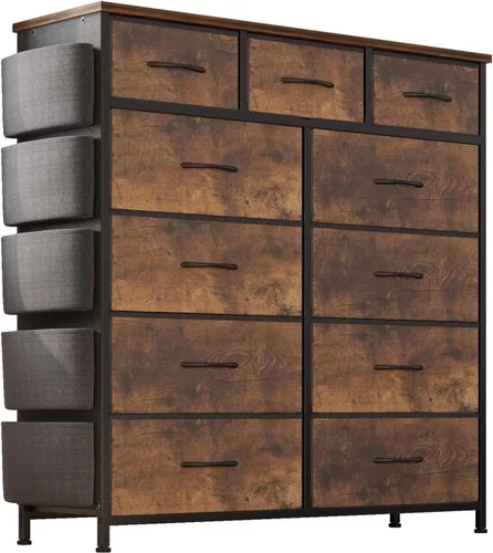 Vista 9 de Cómoda de almacenamiento de tela con 11 cajones para organización del dormitorio, cómoda con estantes profundos, bolsillos laterales y ganchos, Negro