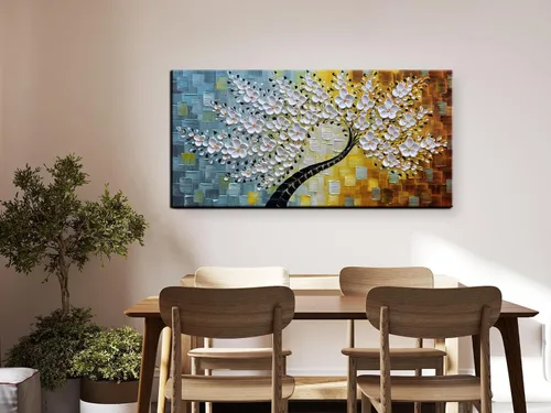 Vista 5 de YaSheng Art - Pintura al óleo de arte contemporánea hecha a mano de flores blancas en lienzo con textura 3D, pinturas de árbol abstractas